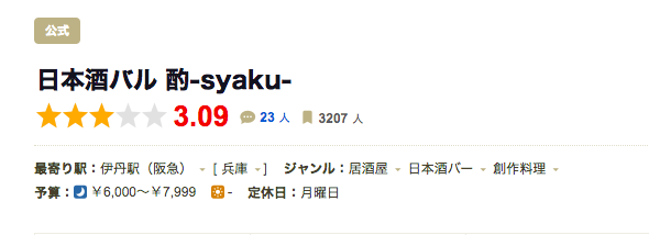 日本酒バル 酌 食べログ評価