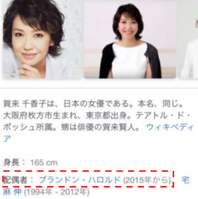 配偶者にブランドン・ハロルドと書かれた賀来千香子のwiki